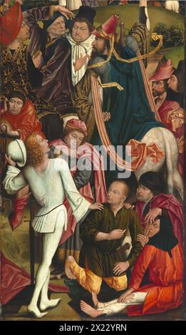 Ritter und Soldaten spielen Würfel für Christi Gewand, 1477. Stockfoto