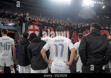 Rom, Italien. April 2024. Während des Fußballspiels der UEFA Europa League zwischen AS Roma und AC Milan im Olympiastadion in Rom, Italien - Donnerstag, 18. April 2024. Sport - Fußball (Foto: Fabrizio Corradetti/LaPresse) Credit: LaPresse/Alamy Live News Stockfoto