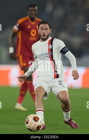 Roma, Italien. April 2024. Davide Calabria des AC Mailand während des Fußballspiels der UEFA Europe League zweites Leg des Viertelfinals zwischen Roma und Milan FC im Olympiastadion in Rom, Italien - Donnerstag, 18. April 2024 - Sport Soccer (Foto: Alfredo Falcone/LaPresse) Credit: LaPresse/Alamy Live News Stockfoto