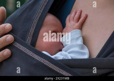 Kleinkind, 20 Tage alt, in der Schlinge seiner Mutter, Mecklenburg-Vorpommern, Deutschland Stockfoto