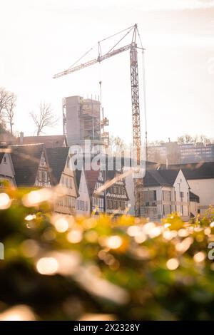 Ein Baukran ragt über einer Baustelle vor dem Hintergrund alter Fachwerkhäuser, Calw, Schwarzwald Stockfoto