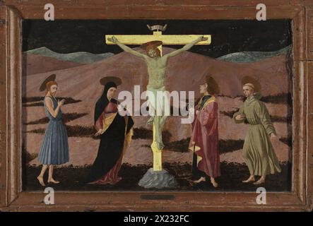 Die Kreuzigung mit der Jungfrau, dem Heiligen Johannes dem Täufer, dem Heiligen Johannes dem Evangelisten und dem Heiligen Franziskus, 1460. Stockfoto