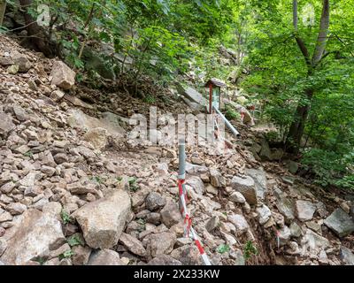 Erdrutsch, Schlamm, Erdrutsch, Felssturz, vergrabener Wanderweg im Bode-Tal zwischen Thale und Treseburg, Nationalpark Harz, Thale Stockfoto