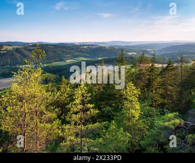 Blick von den Muschelkalk-Hängen bei Bad Blankenburg auf die typische Hügellandschaft mit Wäldern und Feldern am Abend, Bad Blankenburg Stockfoto