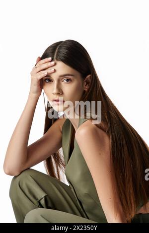 Eine schöne Frau mit langen dunklen Haaren sitzt elegant auf dem Boden in modischer Kleidung vor grauem Hintergrund. Stockfoto