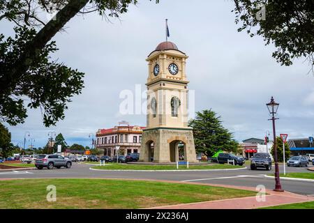 Die historische Stadtuhr und das Fielding Hotel, Fielding, Nordinsel, Neuseeland Stockfoto