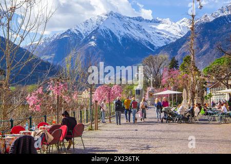 Winterpromenade entlang der Passer mit Straßencafé im Hintergrund die Texelgruppe mit dem Gipfel 3006 m im Frühjahr, Meran, Passtal, Etsch Stockfoto