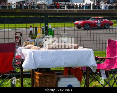 Ein Picknicktisch mit Flaschen mit Getränken und Weingläsern neben der Rennstrecke. Goodwood-Mitglieder treffen 81 mm Stockfoto