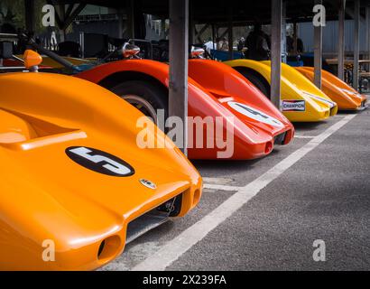 Eine Reihe farbenfroher CanAm-Autos im Fahrerlager beim Goodwood-Mitgliedertreffen 81 mm Stockfoto