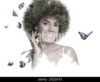 Doppelbelichtung von hübschen Frauen- und Nadelbäumen auf weißem Hintergrund. Schönheit der Natur Stockfoto