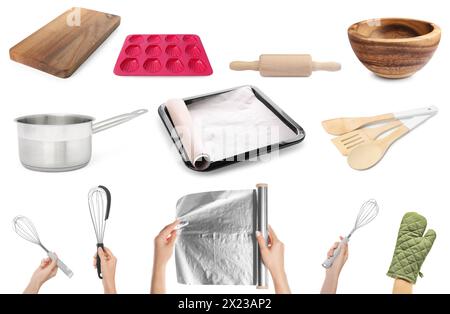 Whisks und andere Küchenutensilien isoliert auf weiß, Sammlung Stockfoto