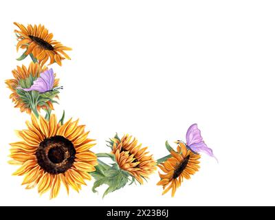 Sonnenblumen und Schmetterlinge. Hellgelbe Sommerblumen mit flatternden rosa Insekten. Horizontaler Vintage-Rahmen mit Kopierraum für Text. Stockfoto