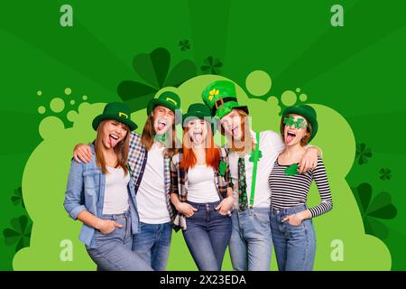 Composite Trend Artwork Bild 3D Foto Collage von jungen glücklichen Kollegen Gruppe Leute feiern saint patricks Day Show grimace Zunge Stockfoto