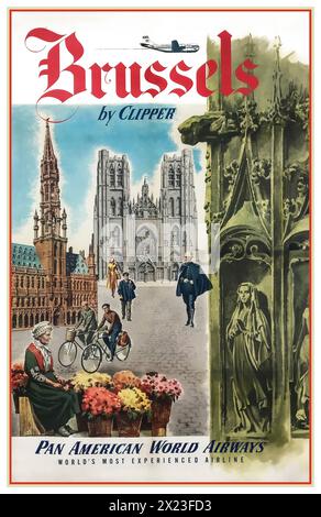 PAN AMERICAN WORLD AIRWAYS Vintage Travel Poster 1950 'Brussels by Clipper' Pan American World Airways 1951 Vintage American Airline Travel Advertising Poster Stockfoto