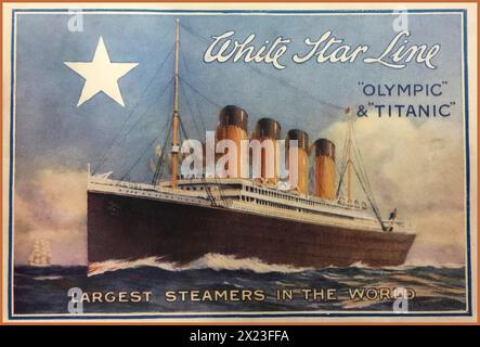 Vintage RMS Titanic/Olympic Ocean Liners 1910 Prospektcover und Poster „WHITE STAR LINE“ größte Dampfschiffe der Welt Stockfoto