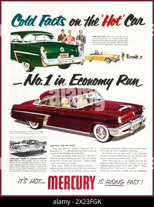 1952 Mercury American Automobile Car Press Werbespot „No 1 in Economy Run“ „IT Hot QUECKSILBER is Rising Fast“ Amerika Americana USA US-amerikanische Nachkriegs-Automobilproduktion Teil der FORD Motor Company Group. USA 1950er Jahre Stockfoto