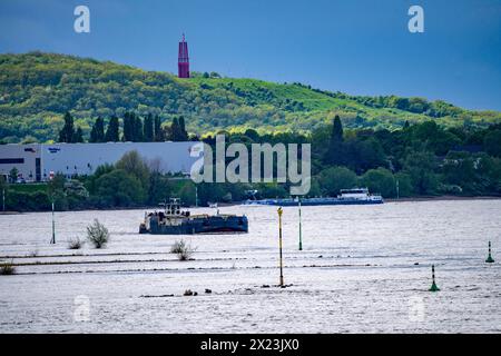 Frachtschiffe auf dem Rhein bei Duisburg, im Hintergrund die Halde Rheinpreußen in Moers, mit dem Geleucht, ein Aussichtsturm in Form einer Grubenlampe, NRW, Deutschland, Schiffsverkehr Rhein *** Frachtschiffe auf dem Rhein bei Duisburg, im Hintergrund die Rheinpreußen-Verderbungspiste in Moers, mit dem Geleucht, ein Aussichtsturm in Form einer Bergarbeiterlampe, NRW, Deutschland, Rheinschifffahrt Stockfoto