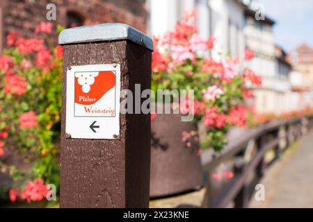 Markierung des Pfälzer Weinsteigs in der Wassergasse in Annweiler am Trifels, Rheinland-Pfalz, Deutschland Stockfoto