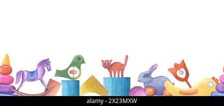 Rasselvogel, Katze, Hase, Pyramide, Würfel, Pferd aus Blöcken. . Holzelemente aus Bauziegeln. Holzspielzeug. Nahtloses horizontales Banner. Stockfoto