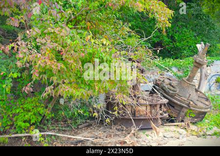 Große, rostige Teile, wahrscheinlich aus der alten Mühle, befinden sich in der Nähe eines alten Fundaments neben dem Big Sugar Creek in der Nähe von Pineville, MO, Missouri, USA. Stockfoto