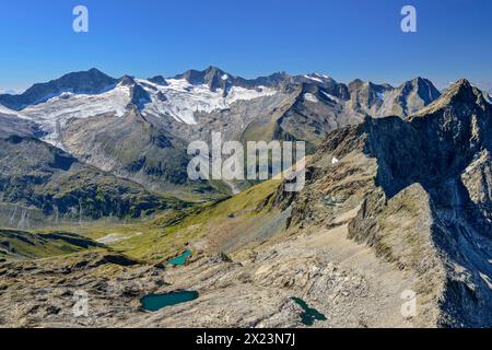 Turnerkamp, großer Möseler, Hochfeiler und Hochferner, von der Zsigmondyspitze, den Zillertaler Alpen, Naturpark Zillertaler Alpen, Tirol, Österreich Stockfoto