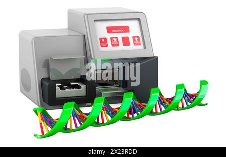 DNA-Spirale mit DNA-Sequenzer. Biotechnologieforschung, Konzept. 3D-Rendering isoliert auf weißem Hintergrund Stockfoto