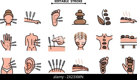 Akupunktur. Farbsymbole für Steintherapie eingestellt. Lithotherapy Sign Symbol Collection. Bearbeitbare Kontur. Reflexologie. Massage. Alternativmedizin einfach Stock Vektor