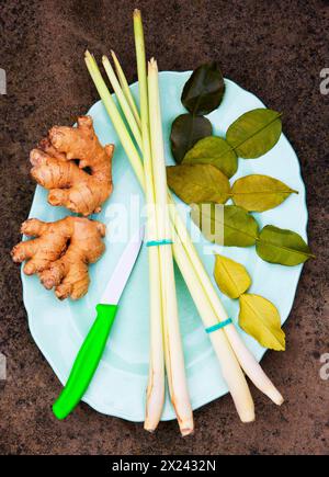 Thailändische Gewürze und Kräuter - Zitronengras, Ingwer, Kaffirblätter Stockfoto