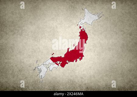 Grunge-Karte von Japan mit der Flagge, die auf einem alten Papier innerhalb der Grenze gedruckt ist. Stockfoto