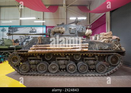 Bovington.Dorset.Vereinigtes Königreich.25. Februar 2024.der Sherman M4A2 Panzer aus dem Film (Fury) ist im Tank Museum in Dorset zu sehen Stockfoto