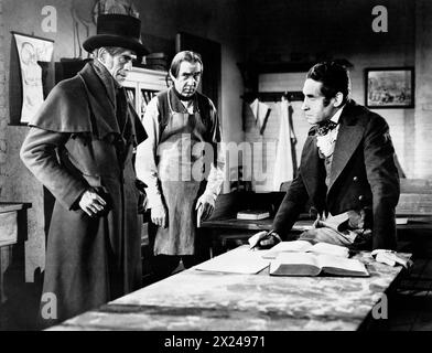 Boris Karloff, Bela Lugosi, Henry Daniel, am Set des Films „The Body Snatcher“, RKO Radio Pictures, 1945 Stockfoto