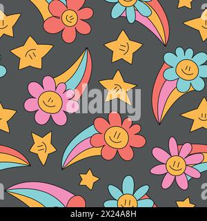 Bunte groovige Blumen, Meteore, Sterne auf dunklem kosmischen Raum Vektor nahtlosen Hintergrund. Niedliches Kieldish-Design für Stoff, Karte. Stock Vektor