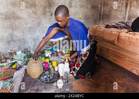 sangoma traditionelle Heiler Afrikas, Ahnenglauben und Kräuter, alte Spiritualität Stockfoto