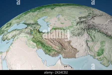 Satellitenansicht der Iran Karte und Grenzen, physische Karte Naher Osten, Arabische Halbinsel, Karte mit Reliefs und Bergen. 3D-Rendering. Nasa Stockfoto