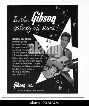 Eine Anzeige für Gibson-Gitarren mit der Jazzlegende Kenny Burrell. Von einem amerikanischen Musikmagazin aus dem Jahr 1960. Stockfoto