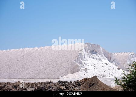 Ein markanter Kontrast von weißen Salzhügeln gegen einen klaren Himmel, mit rauer Erde im Vordergrund, die den Bergbauprozess unterstreicht. Hochwertige Fotos Stockfoto