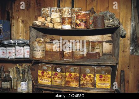 In der Terra Nova-Hütte von Captain Scott am Cape Evans, Antarktis, während der Expedition 1910-1931, die Essen einschließlich Kohl, Kalb, alles in Dosen zeigt. Stockfoto