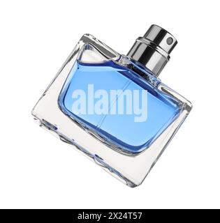 Blaues Männerparfüm in Flasche isoliert auf weiß Stockfoto