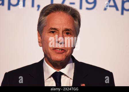 Capri, Kampanien, Italien. April 2024. Antony John Blinken, Außenminister der Vereinigten Staaten, spricht auf der Pressekonferenz bei der Abschlussarbeit am dritten Tag der G7-Außenminister über die Politik, die die Vereinigten Staaten von Amerika und seine Partner zur Deeskalation des Konflikts im Nahen Osten verfolgen werden. (Kreditbild: © Pasquale Gargano/Pacific Press via ZUMA Press Wire) NUR REDAKTIONELLE VERWENDUNG! Nicht für kommerzielle ZWECKE! Quelle: ZUMA Press, Inc./Alamy Live News Stockfoto