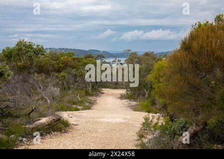 Der entschiedene Rundwanderweg am West Head im Ku-Ring Gai Chase Nationalpark umfasst viele Artefakte und Kunstwerke der Aborigines und atemberaubende Ausblicke auf Austra Stockfoto