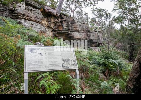 Aborigines Heritage Trail im Ku-Ring-Gai Chase Nationalpark, mit Hinweisschildern zu Midden Living Rock Cave, Sydney, NSW, Australien Stockfoto