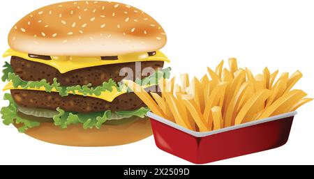 Vektorgrafik eines Cheeseburgers mit Pommes frites Stock Vektor