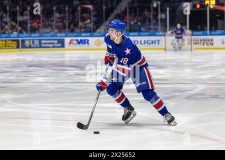 19. April 2024: Rochester-Amerikaner-Stürmer Isak Rosen (18) skates in der zweiten Periode gegen die Cleveland Monsters. Die Rochester Americans veranstalteten die Cleveland Monsters in einem Spiel der American Hockey League in der Blue Cross Arena in Rochester, New York. (Jonathan Tenca/CSM) Stockfoto
