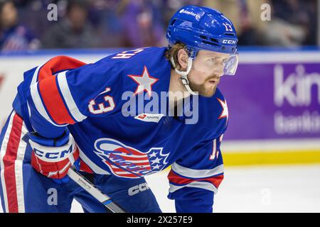 19. April 2024: Rochester American Stürmer Linus Weissbach (13) Skates in der dritten Periode gegen die Cleveland Monsters. Die Rochester Americans veranstalteten die Cleveland Monsters in einem Spiel der American Hockey League in der Blue Cross Arena in Rochester, New York. (Jonathan Tenca/CSM) Stockfoto