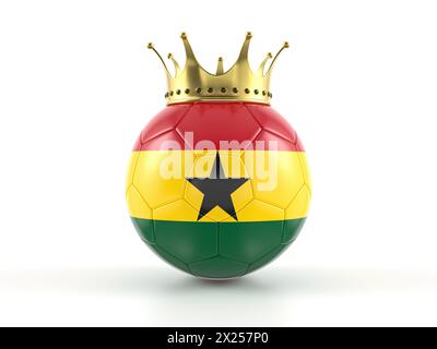 Ghana Fahnenfußball mit Krone auf weißem Hintergrund. 3D-Abbildung. Stockfoto