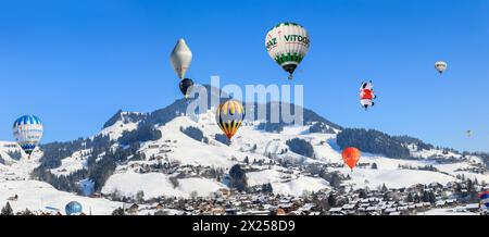 Château-d'oex, Schweiz - 29. Januar. 2023: Das 43. Internationale Heißluftballonfestival aus über zwanzig Ländern findet jährlich auf der Schweizer Alp statt Stockfoto
