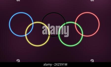 Olympiade Neonringe in dunkelroter Hintergrundillustration. Paris 2024 Neon-Logo. Stockfoto