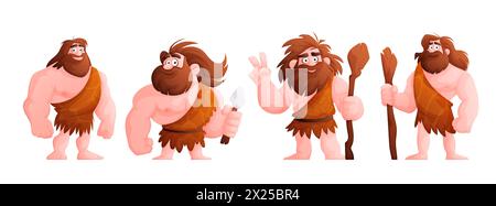 Höhlenmensch, prähistorische primitive Menschen in steinzeitlichen Zeichentrickserien. Neandertaler in der Haut eines Tieres mit einem Schläger in der Hand. Primitiver Mann Stock Vektor