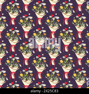 Muster nahtloser brauner Hintergrund Sommer Blumenstrauß Feld Frühling gelbe rote Blumen Tapete Textilkleidung flache Vektor-Illustration Stock Vektor