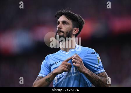 Luis Alberto Romero Alconchel (Latium) feiert, nachdem er am 19. April 2024 im Luigi Ferraris Stadion in Genova, Italien, das erste Tor seines Teams beim Spiel der italienischen Serie A zwischen Genua 0-1 Lazio erzielte. Quelle: Maurizio Borsari/AFLO/Alamy Live News Stockfoto